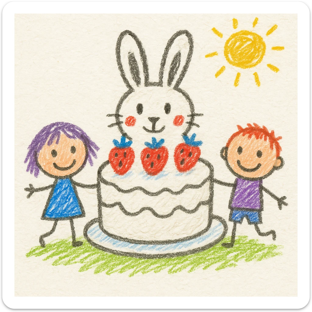 white cake shaped like a bunny with strawberries on top, children doodle style, whimsical and bright sticker