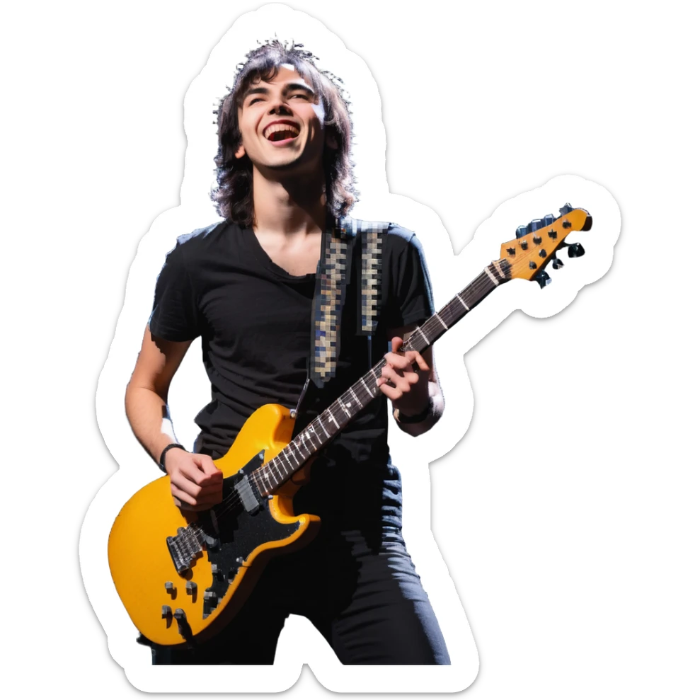 Rockstar musician with a confident smile looking up, electric guitar, stage lights, performing sticker