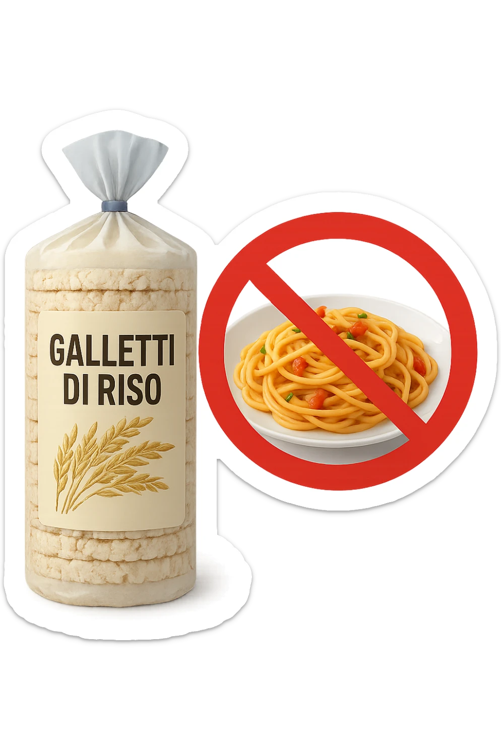confezione di gallette di riso con accanto un piatto di pasta con divieto sopra, in italiano,  realistici sticker