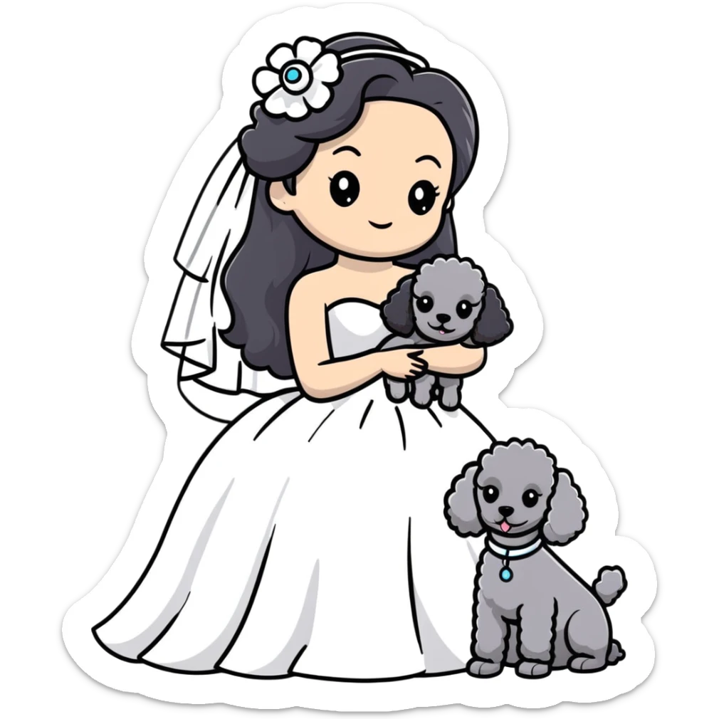 A beautiful girl with long black hair in a wedding dress holds a small gray poodle sticker