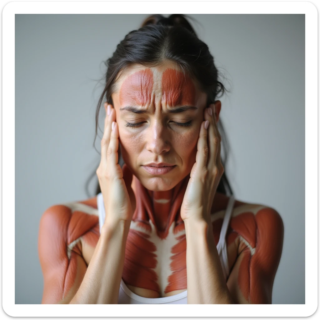hyperrealistic 4K quality image of a woman with muscle-tension headache, suffering face, hands pressing on temples, tense and reddened neck and shoulder muscles, realistic anatomical details, neutral background sticker