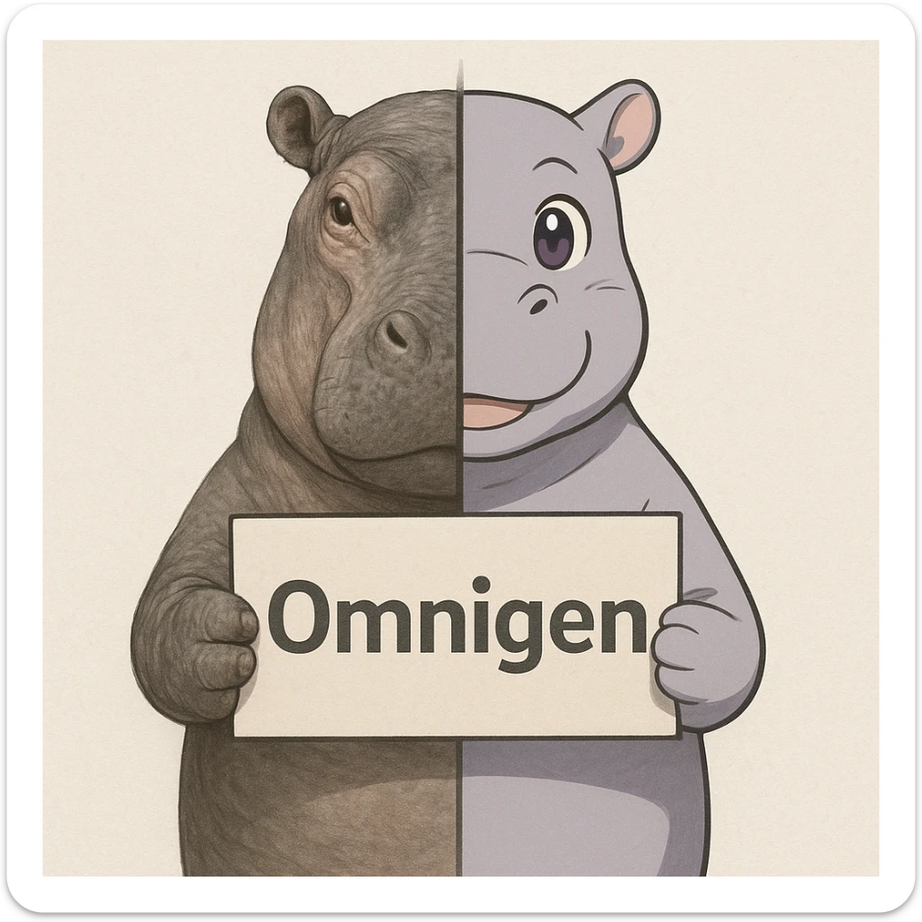 a hippo holding sign of omnigen, half picture hippo is realistic another hald is the anime of that same hippo sticker