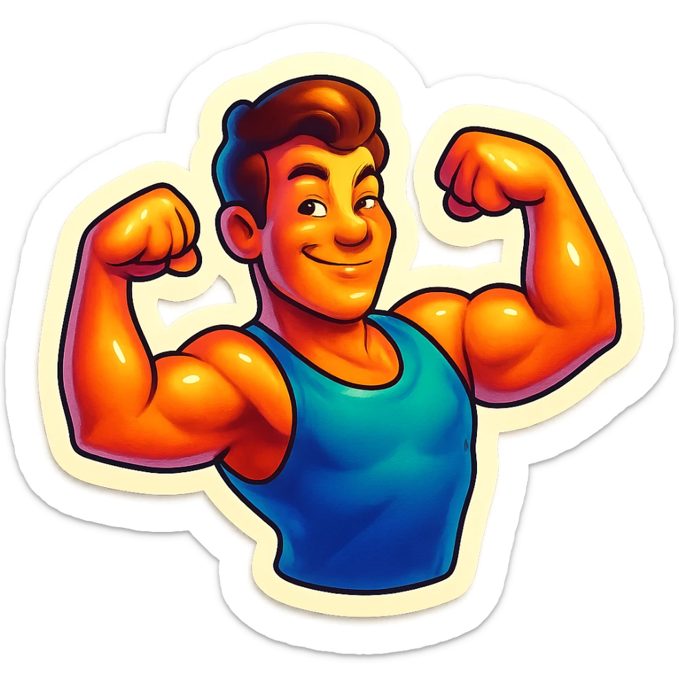 A man flexing his muscles, with a playful smirk, stylized sticker sticker