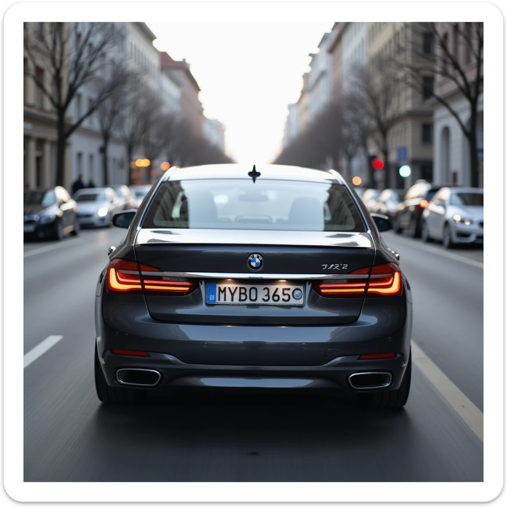 BMW Series 7 2022, rear view, photorealistic, driving in Bucharest, Romania, with a blurry city background and blurred number plates, highly realistic sticker