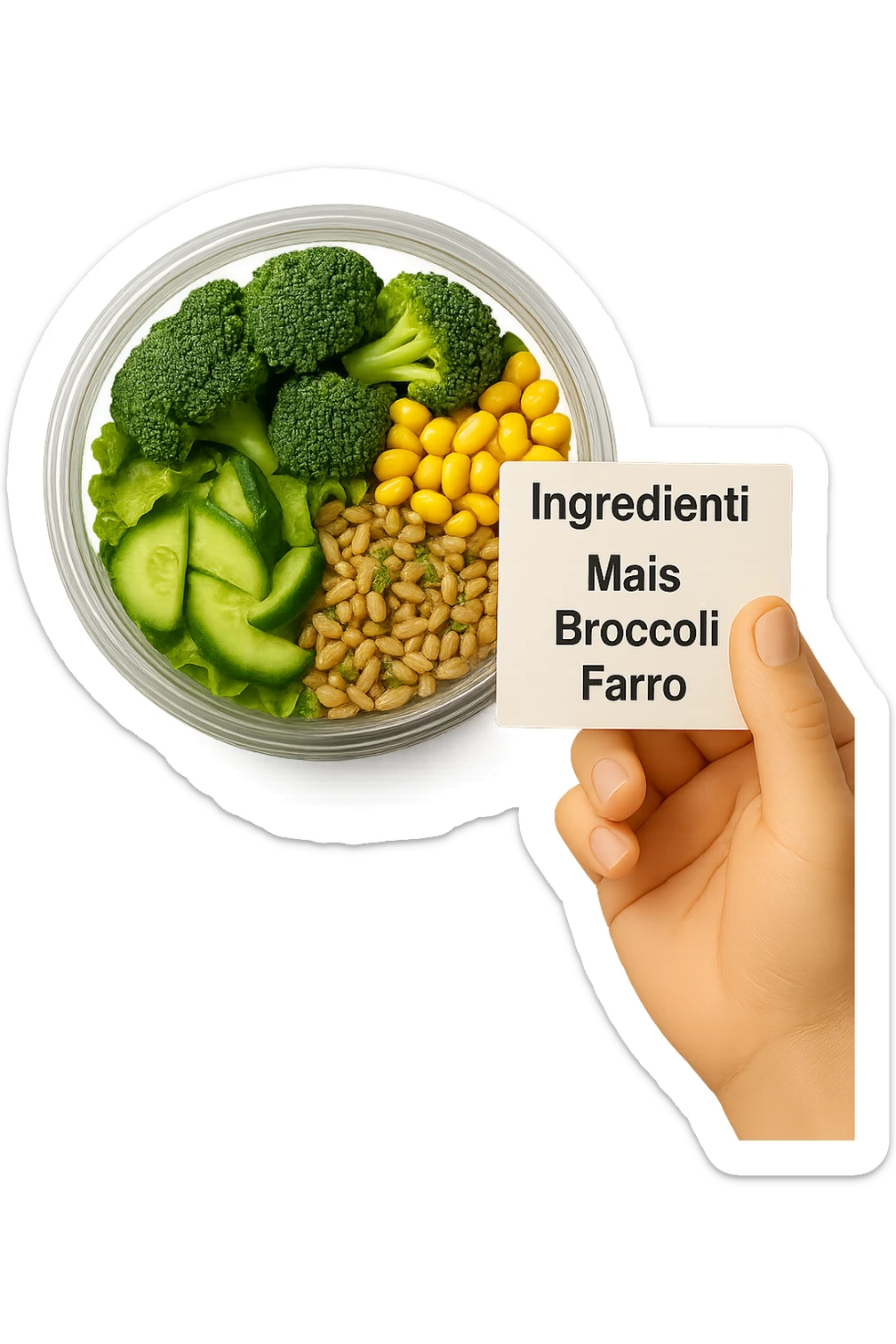 SU QUESTO STILE FAI UN EMOJI STILE IPHONE 3D DI UN INSALATA PRECONFEZIONATA DA SUPERMERCATO CON FOCUS SU ETICHETTA NUTRIZIONALE CON GLI INGREDIENTI IN ITALIANO TIPO: MAIS, BROCCOLI, FARRO, ACCANTO ALL'INSALATA CHE HA IN MANO C'è UN FOCUS SULL'ETICHETTA CON GLI INGREDIENTI SCRITTI, FALLO MOLTO REALISTICO IN 3D sticker