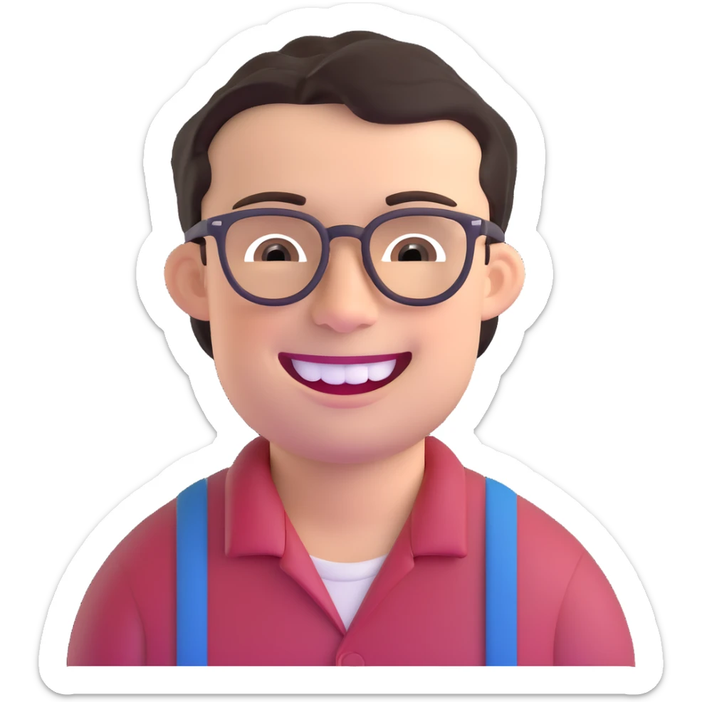 smiling dark-haired man with glasses, big teeth, standard male haircut, rural farmer sticker