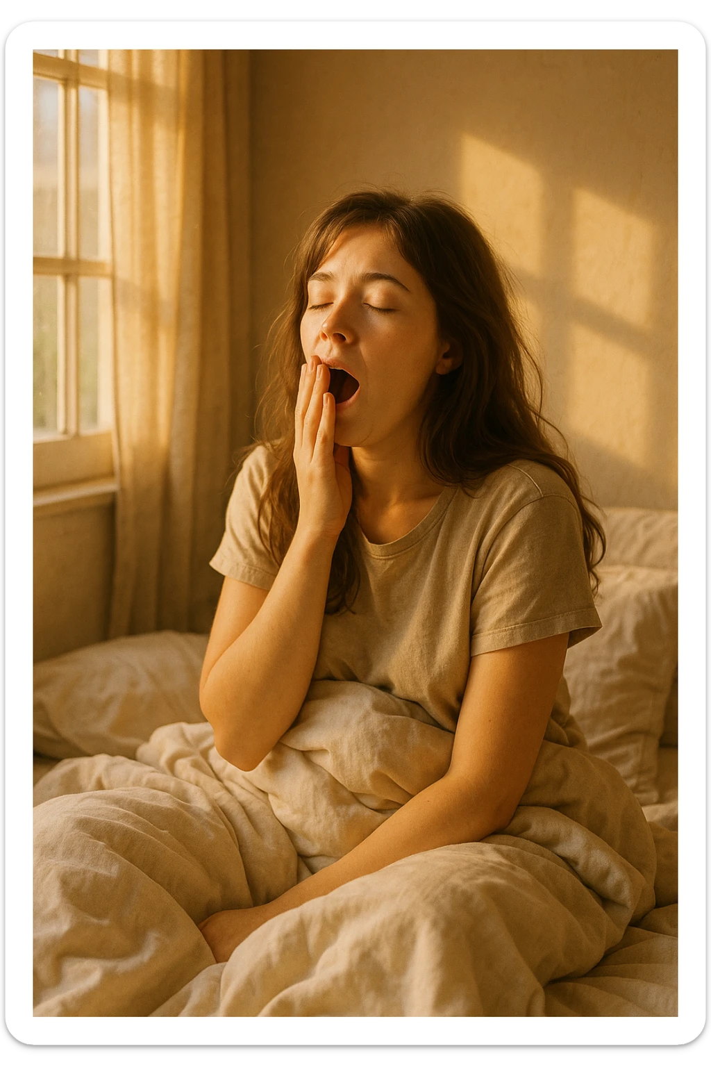 a girl with brown hair yawning after waking up, cozy morning scene, soft warm light sticker