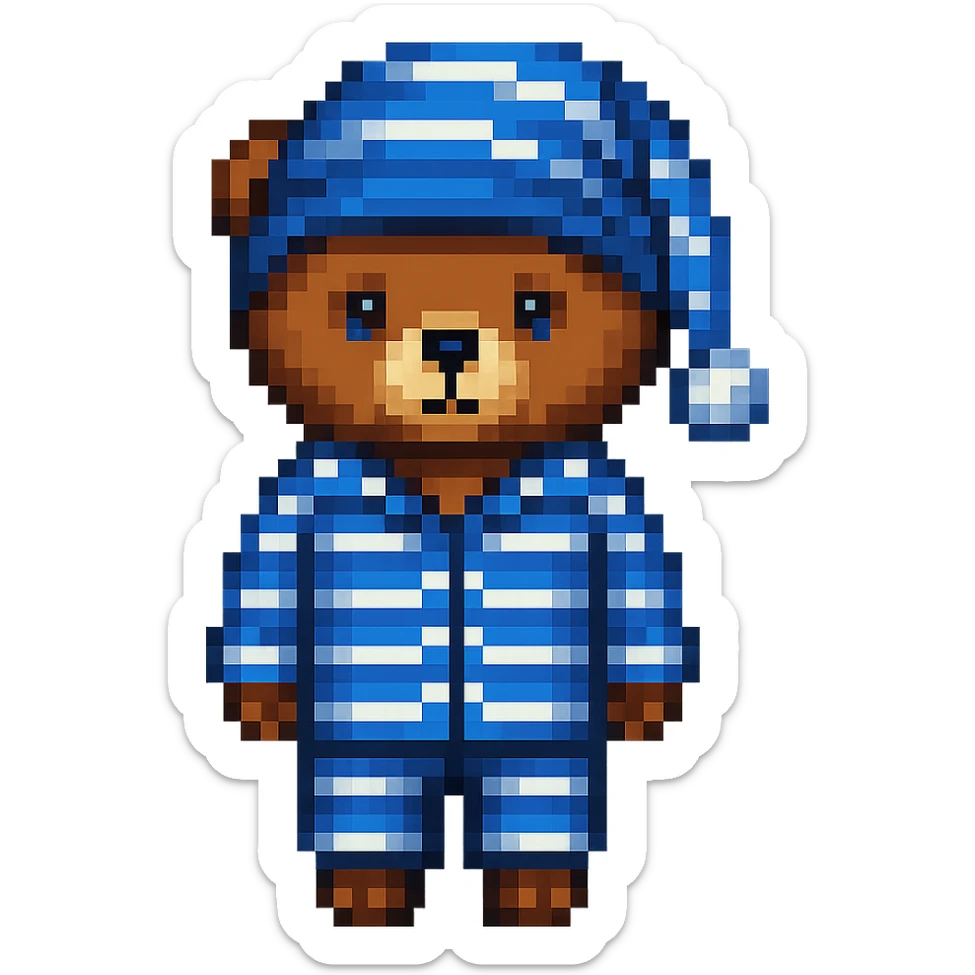Add a nightcap to the bear in striped pajamas in pixel art style. The style should resemble pixel art with clear pixelated details and colors. sticker
