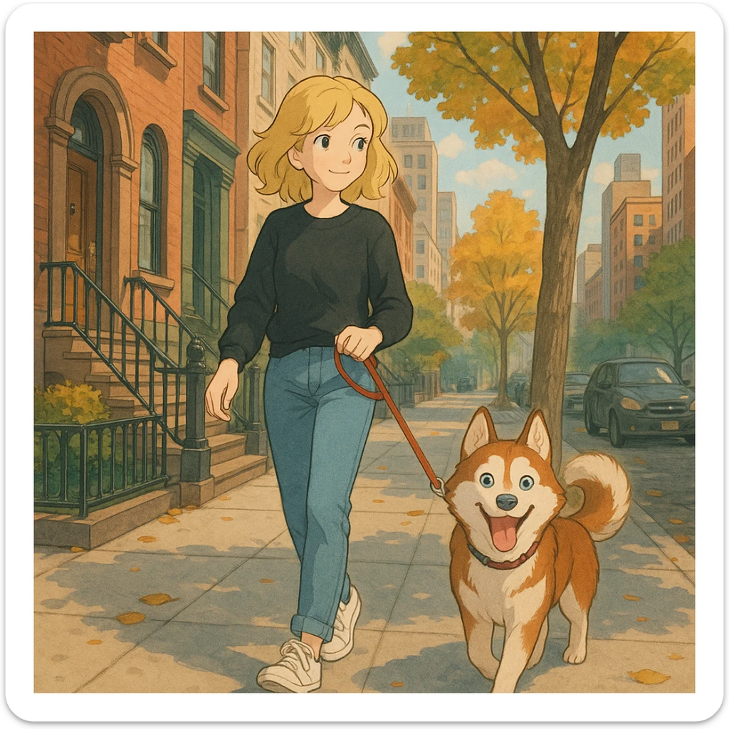 Cute Blonde woman wearing a black sweater and jeans and white sneakers walking a happy red-brown blue-eyed Siberian husky in New York City on an upper east side city sidewalk  sticker