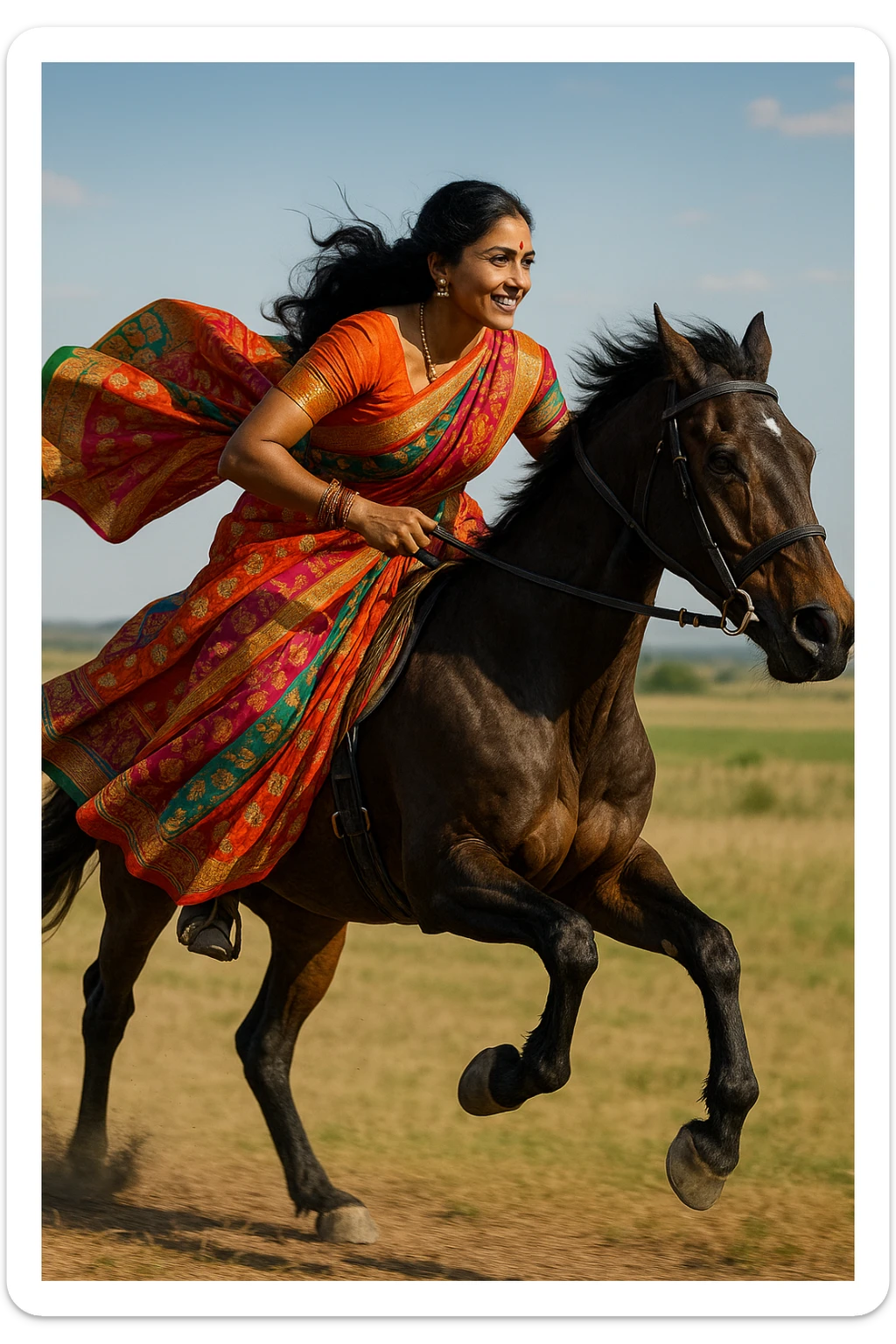East Indian woman riding a horse at full speed, bright sari, intricate patterns, energetic scene, proud expression, dynamic composition, outdoor landscape sticker