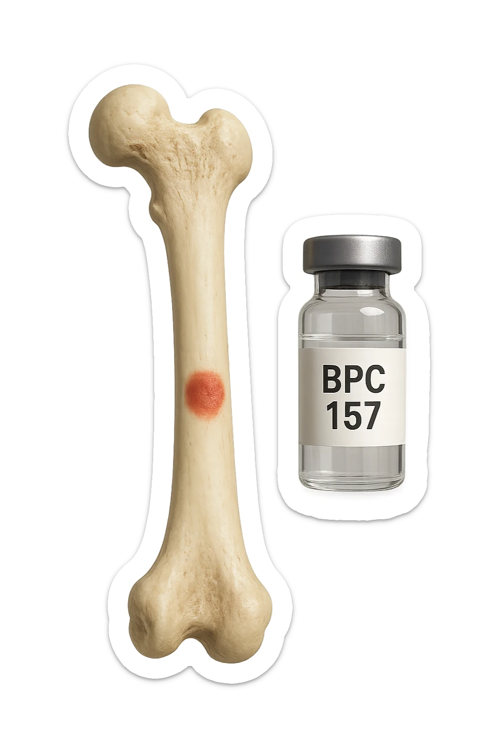 osso umano con red spot fluttua insiema a fiala medica con la scritta "BPC 157" SULL'ETICHETTA, iperrealistiche 4k sticker