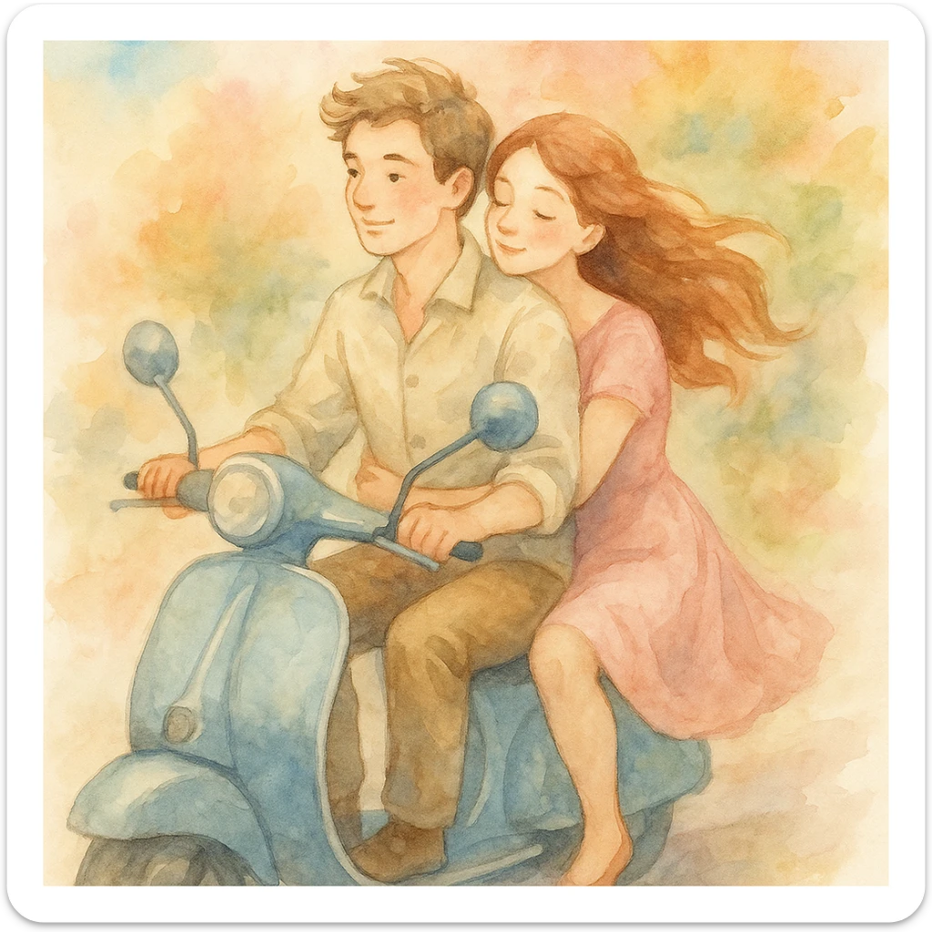 watercolour style illustration of a couple riding a scooter, soft colors, romantic atmosphere sticker