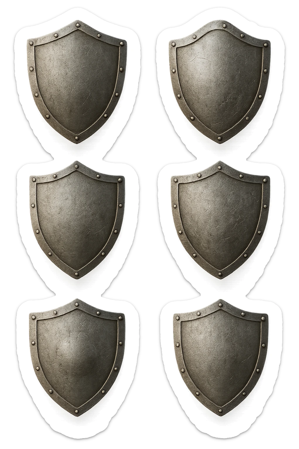 6 scudi 3d che simboleggiano "difesa e protezione", realistici in 3d fluttuano in aria, iperrealistico 4k sticker