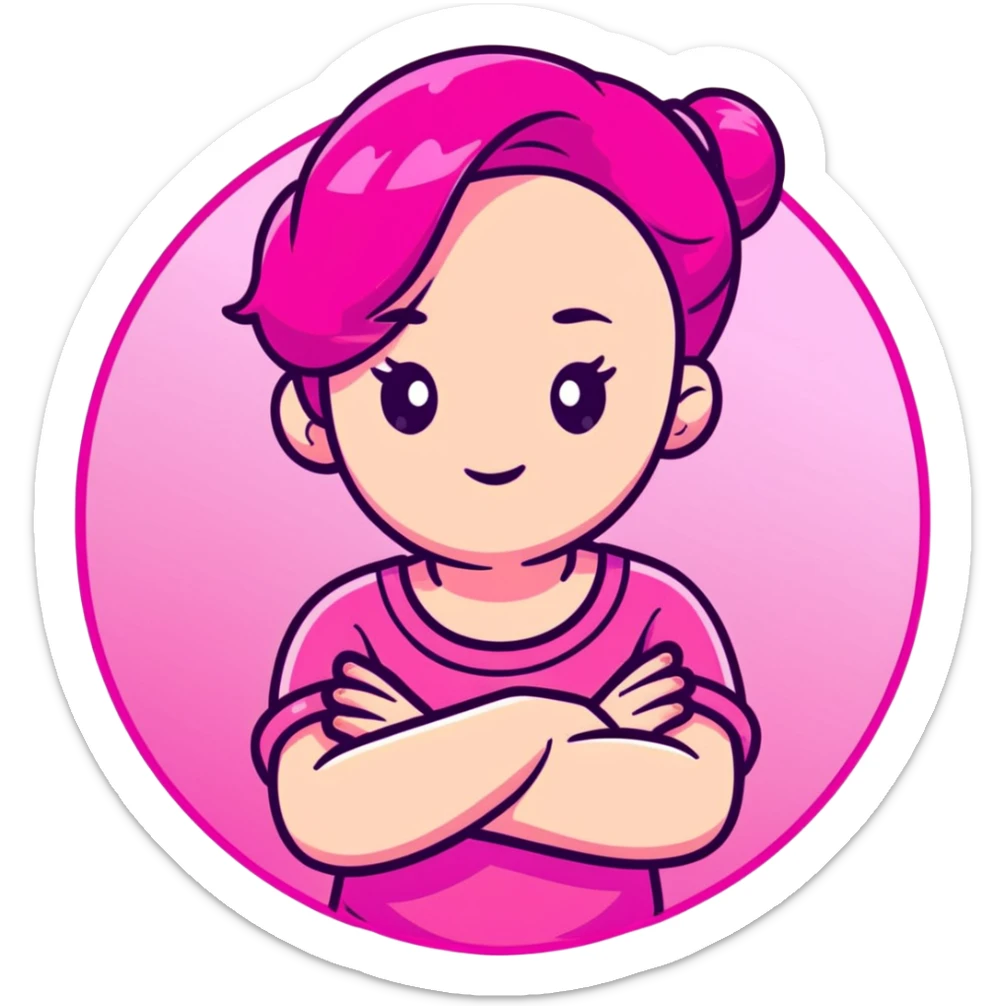 Shy girl character with arms crossed, transparent glass style, bright pink gradient, soft shadows and highlights, minimalist cute design sticker