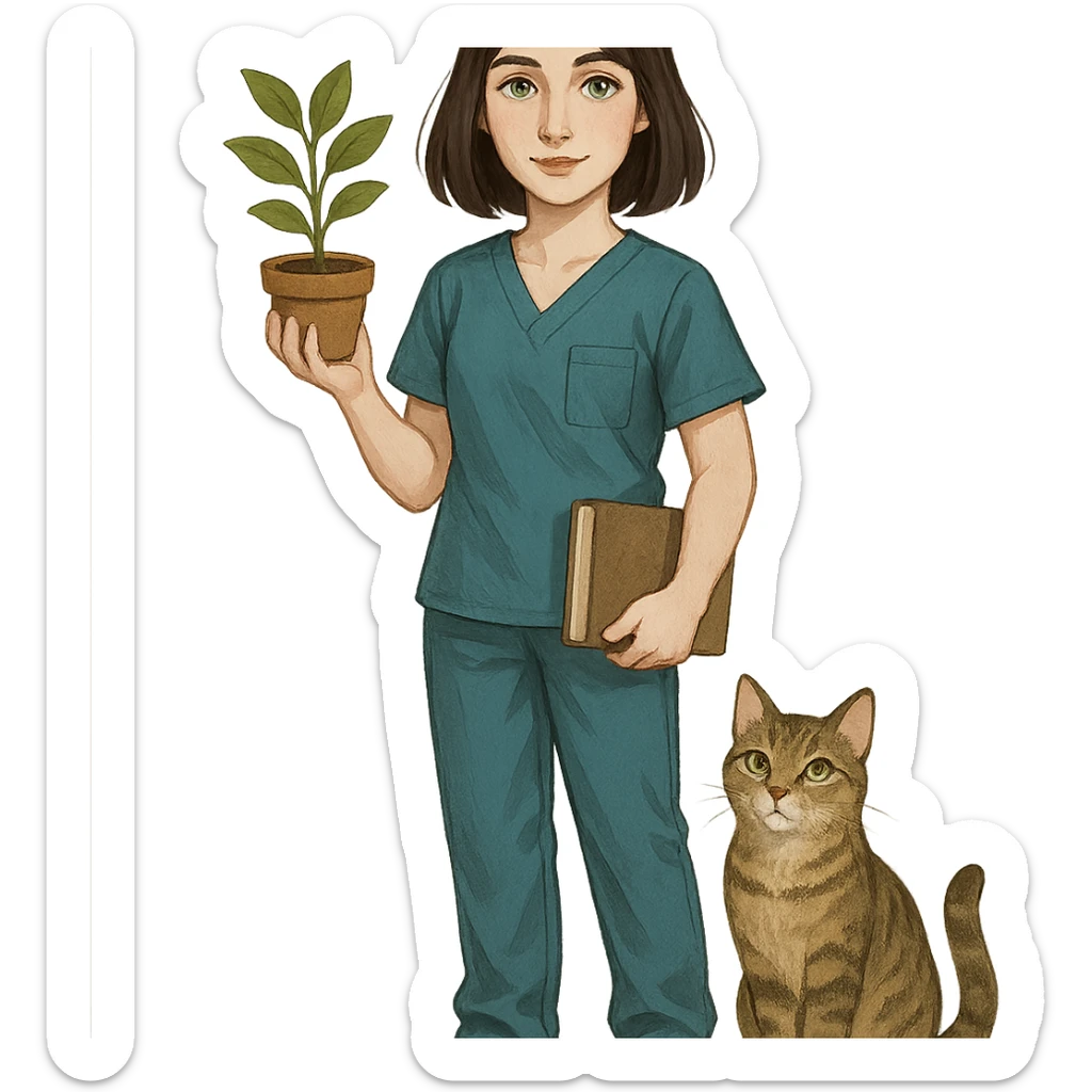 woman with shoulder-length brown hair, pale skin, gray eyes, wearing scrubs, holding a plant in one hand and a book in the other, cat nearby sticker