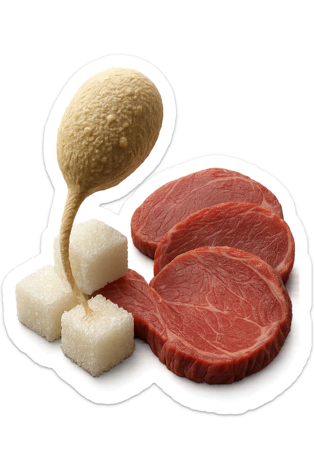 un batterio della candida si nutre di zollette di zuccheri e fettine di carne, IPERREALISTICO 4K sticker