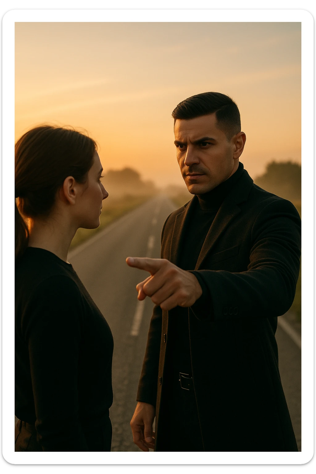 Cinematic photo of a confident man giving clear direction to a woman, standing in front of her with a firm but calm expression, pointing forward as if showing her the path to follow. The man is dressed in a dark jacket, embodying the role of a commander, while the woman looks at him attentively, ready to follow. The setting is an open road at sunrise with soft golden light, symbolizing new beginnings and leadership. Shot from a side angle, capturing both profiles with a clear view of his guiding gesture. sticker