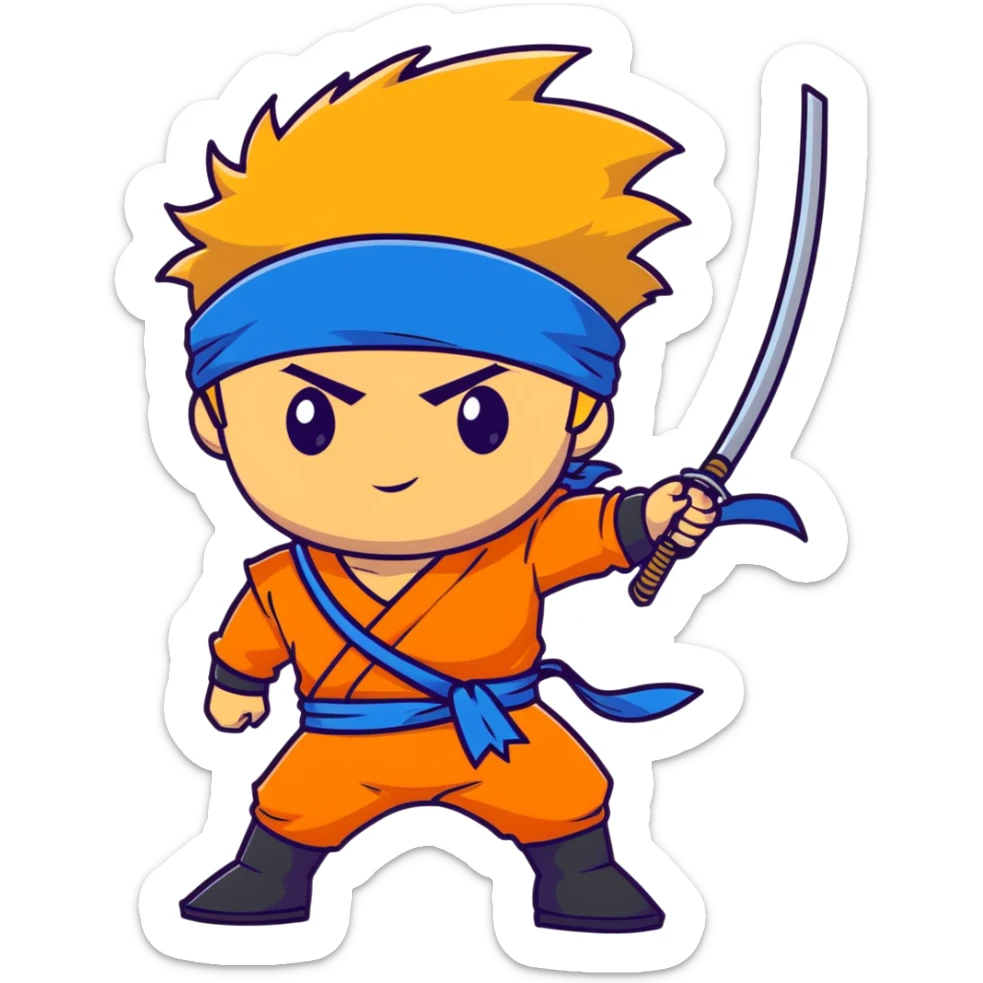 A blonde ninja boy with spiky hair, whisker marks on cheeks, orange outfit, and blue headband with metal plate sticker