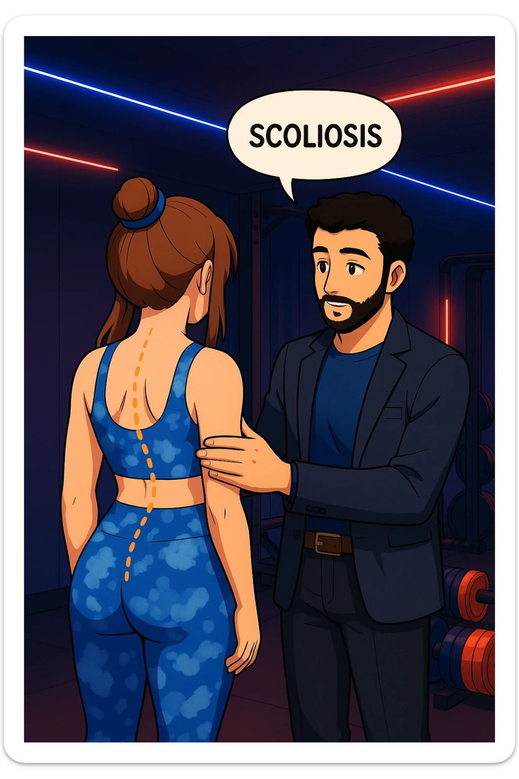 ispirati a questo stile di disegno e fai questa immagine in versione manga/webtoon a colori, il manga mostra la donna di spalle, mentre l'uomo le tocca la spina dorsale per spiegarle come funziona la scoliosi:
Con una scoliosi il baricentro corporeo cade maggiormente da un lato; per non cadere la schiena compensa accumulando tensione sul fianco opposto.
Il risultato? Si inclina e ruota sempre più, fino a che non cede (discopatie, artrosi, ecc) sticker