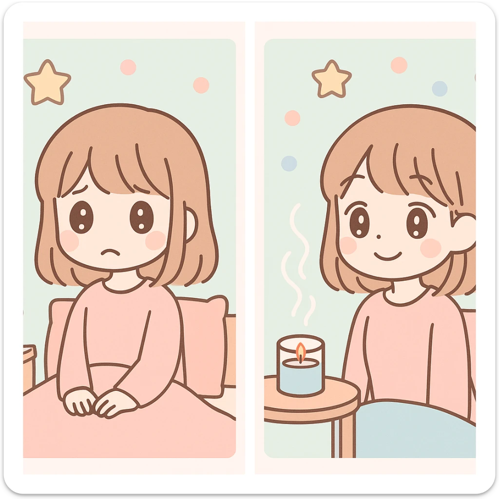a girl in a bedroom, looking sad, then smelling a scent like from a candle or diffuser, her mood changing to relaxed, anime style sticker