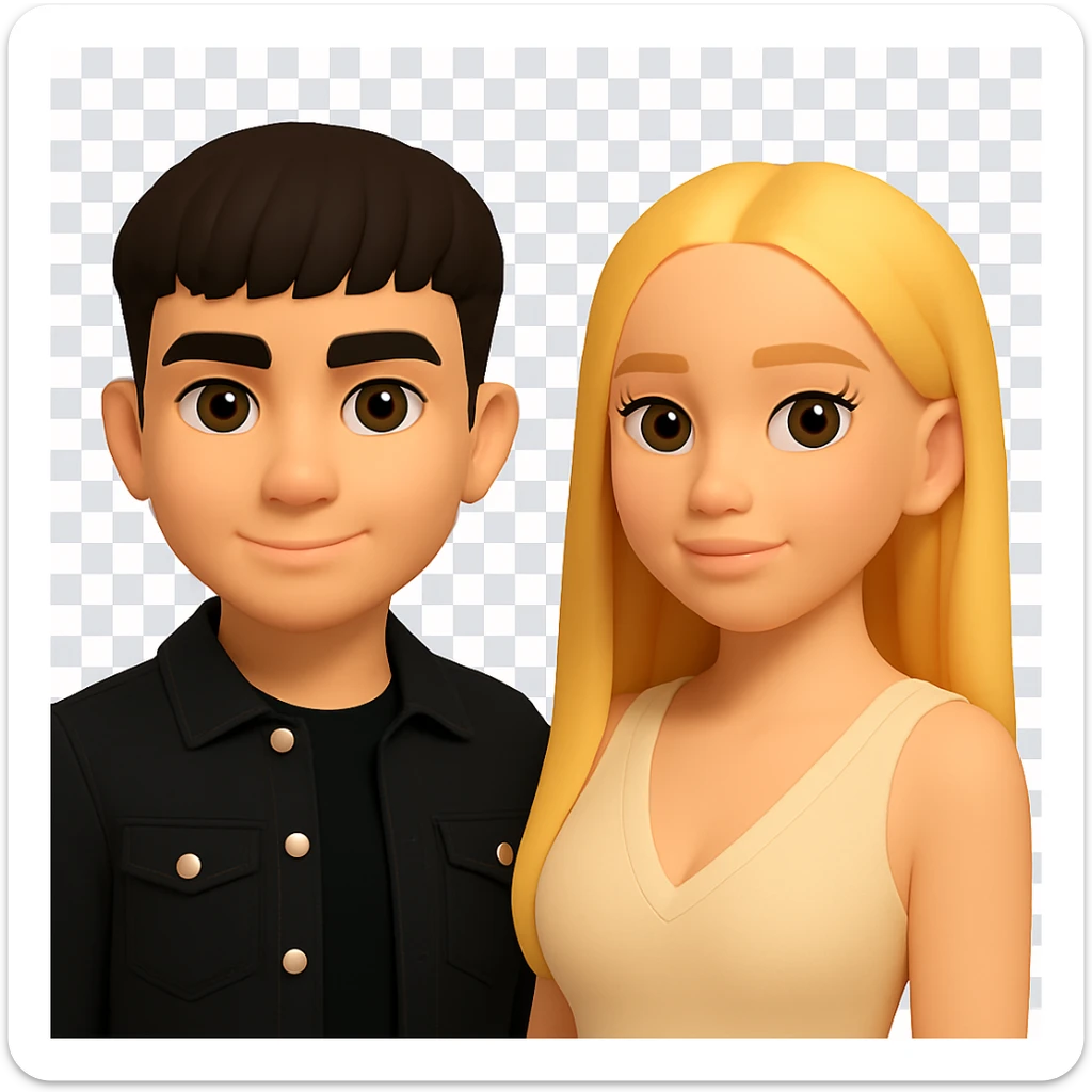 Slightly increase the volume of the upper body of the girl, separate the girl and the boy from each other, and make the skin color the same for both characters. The original style is 3D emoji with a transparent background, please maintain the 3D emoji style look while editing. sticker