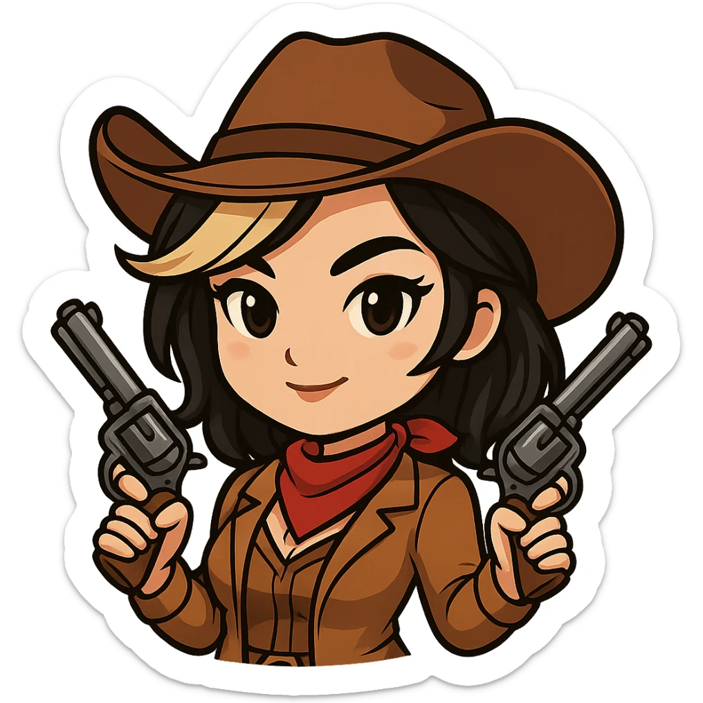 Edit this chibi cowgirl to have slightly longer hair with a visible blonde streak. Keep the cowboy hat, western outfit, two revolvers, confident pose, and chibi/anime style. Transparent background, sized for Twitch or Discord use. sticker