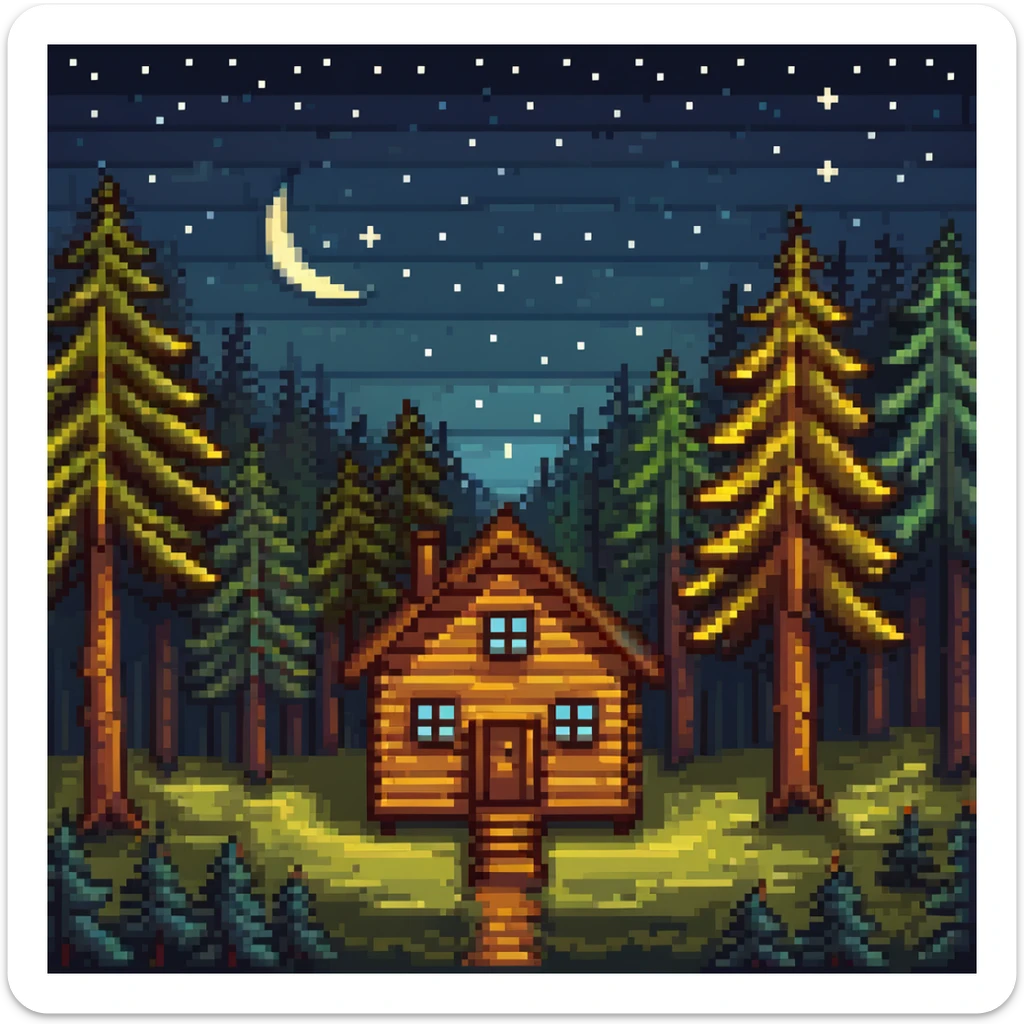 wooden house in a pine forest at night with stars in the sky sticker