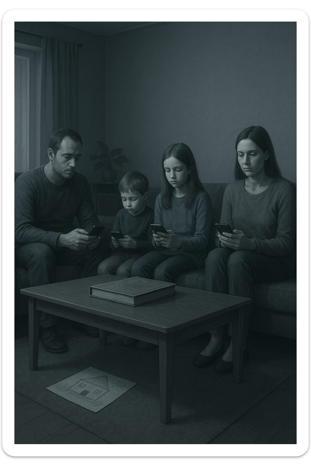 Famiglia composta da padre, madre e uno o due figli seduti nello stesso ambiente domestico (salotto o tavola da pranzo), ma ciascuno è assorto nei propri pensieri, con espressioni spente e distaccate. Nessuno si guarda o sorride. I colori dell’ambiente sono freddi e grigi, la luce è debole. Intorno a loro, simboli di disconnessione: telefoni in mano, TV accesa ma ignorata, silenzio. L’atmosfera è visivamente carente di calore emotivo. Nessun contatto fisico, postura rigida. Un dettaglio visivo come un album di foto chiuso sul tavolo o un disegno dei figli dimenticato sul pavimento accentua la mancanza di dolcezza e unione sticker