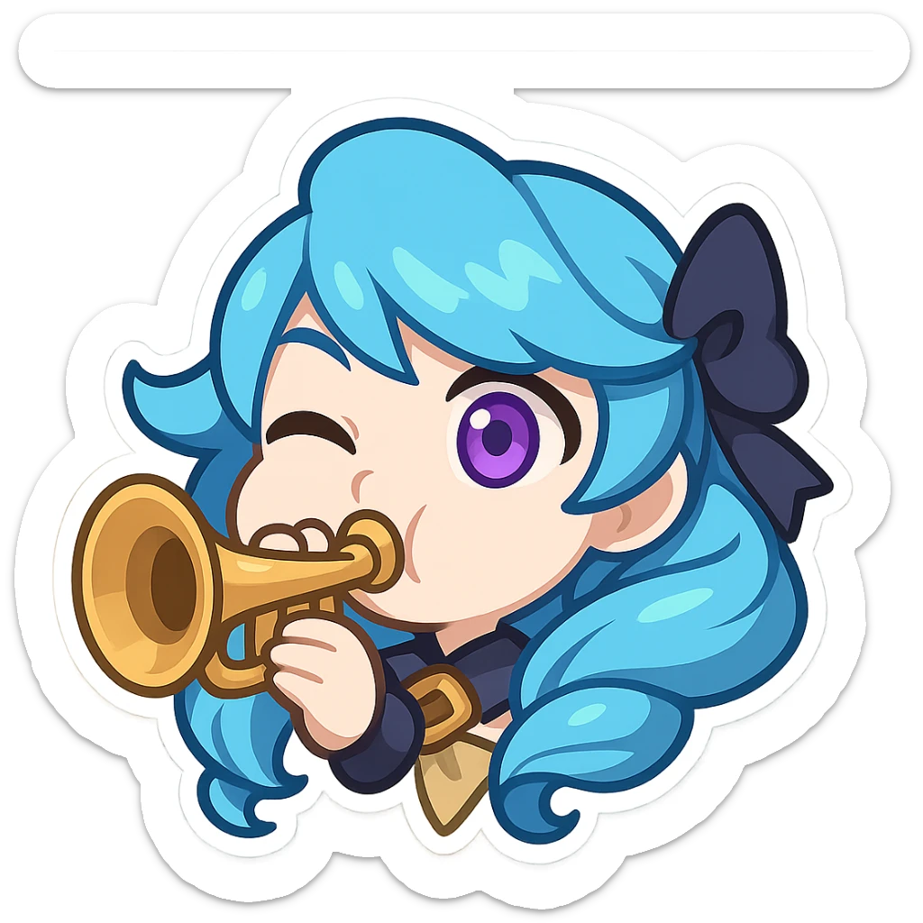 chibi style emote of Gwen from League of Legends, just the head, right eye purple, playing a trumpet, cheeks puffed sticker