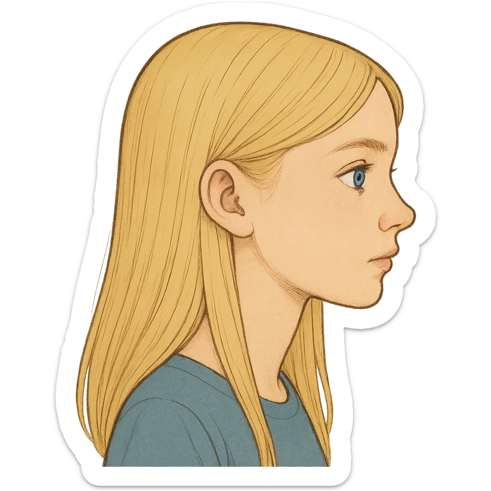 blonde girl with blue eyes, straight hair, side profile, general illustration style sticker