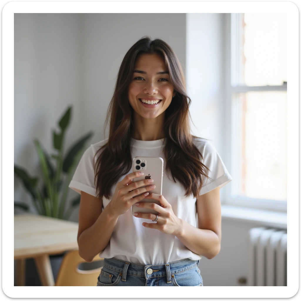 realistic PNG image of a woman with long straight dark brown-black hair holding an iPhone recording a TikTok video smiling slightly dressed in a t-shirt and jeans in a modern room transparent background sticker