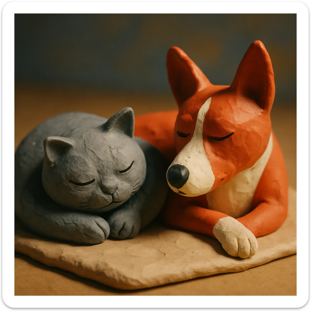A gray British Shorthair cat curled up and sleeping next to a red Basenji dog sticker