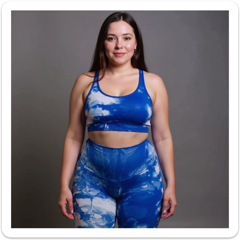 Realistic style image of a woman in sportswear inspired by the reference photo, showing diffuse swelling on legs and abdomen with signs of water retention, natural pose, neutral background. sticker