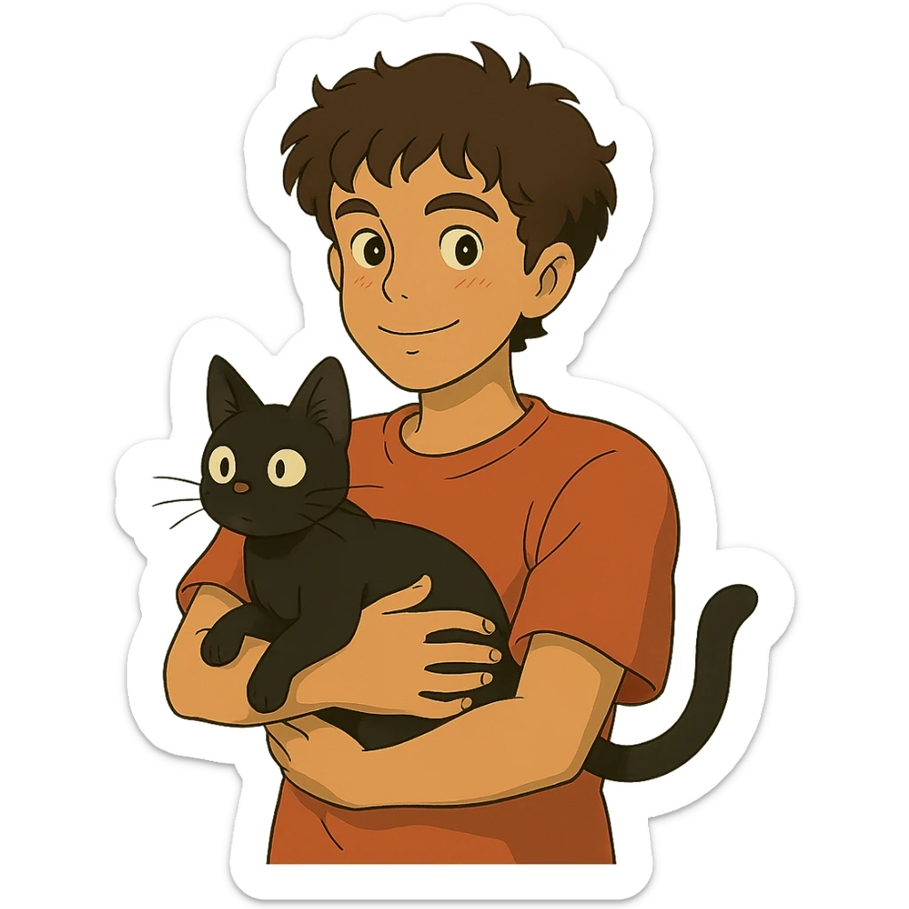 ghibli style young male with brown light skin, slightly curly hair, holding a black cat sticker