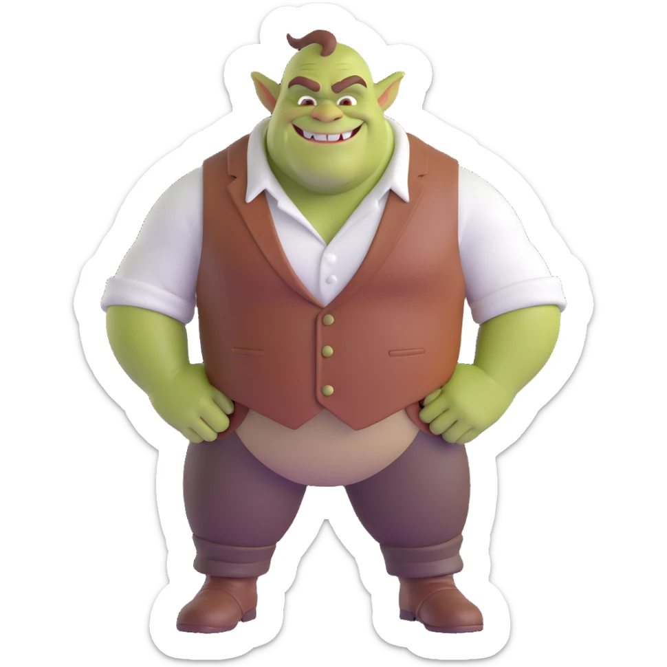 Shrek as a 3D character, green ogre, brown vest, white shirt, smiling, standing in a forest sticker