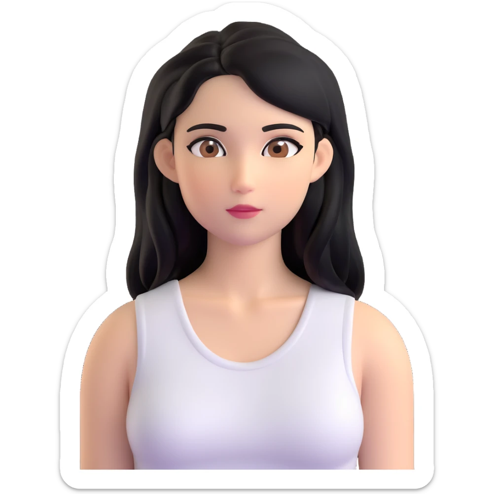 Female with straight long black hair parted in middle, beige skin, big brown eyes, natural makeup, white sleeveless top sticker