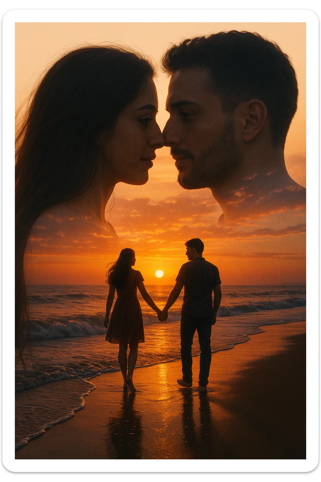 Una doppia esposizione cinematografica di noi di profilo, con un paesaggio di spiaggia al tramonto integrato nella silhouette.
La scena interna ci mostra entrambi camminare sulla sabbia bagnata, tenendoci per mano, con le onde del mare che si infrangono è facile e un cielo colorato dagli ultimi raggi di sole. Atmosfera calda e intima, toni dorati arancioni, dettagli fini ed espressivi, risoluzione 8K. sticker