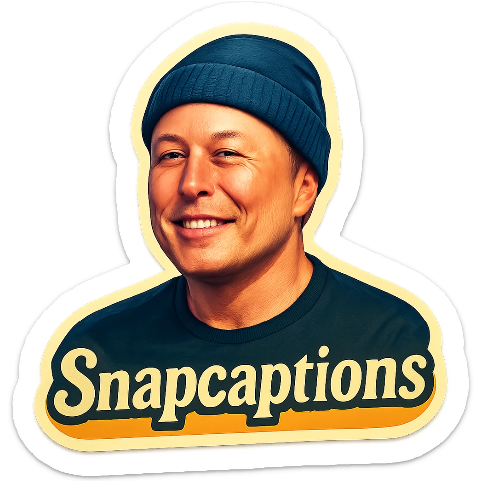 sticker of Elon Musk wearing a beanie cap with the name 'Snapcaptions', retro sticker style, colorful and energetic sticker