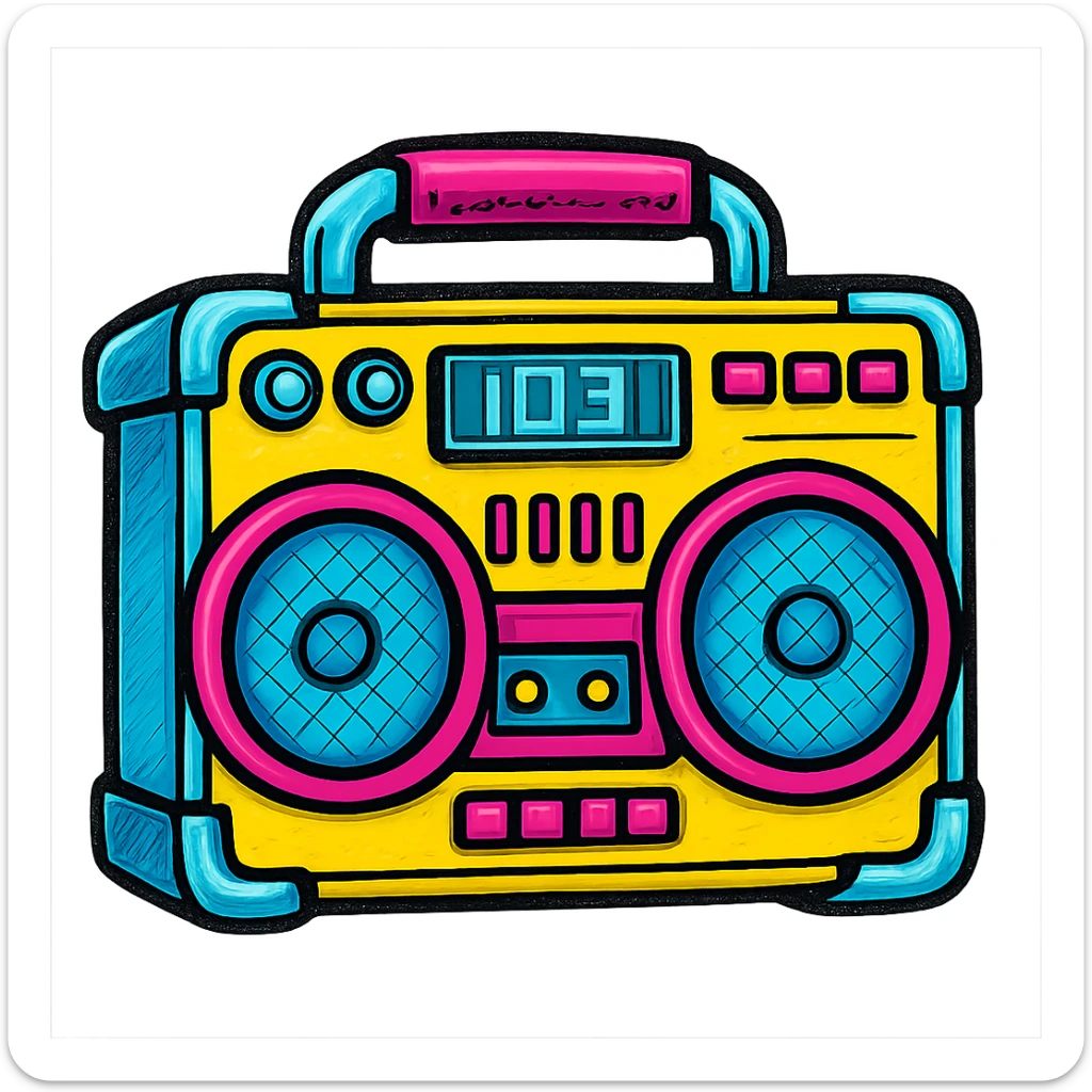 A boombox in Pop Colors style, with a futuristic look, metallic accents, digital display, and a mix of vibrant and electric colors sticker