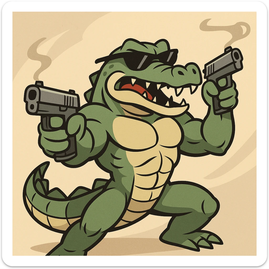 muscular alligator with sunglasses, holding pistols, action style, bold and dynamic sticker
