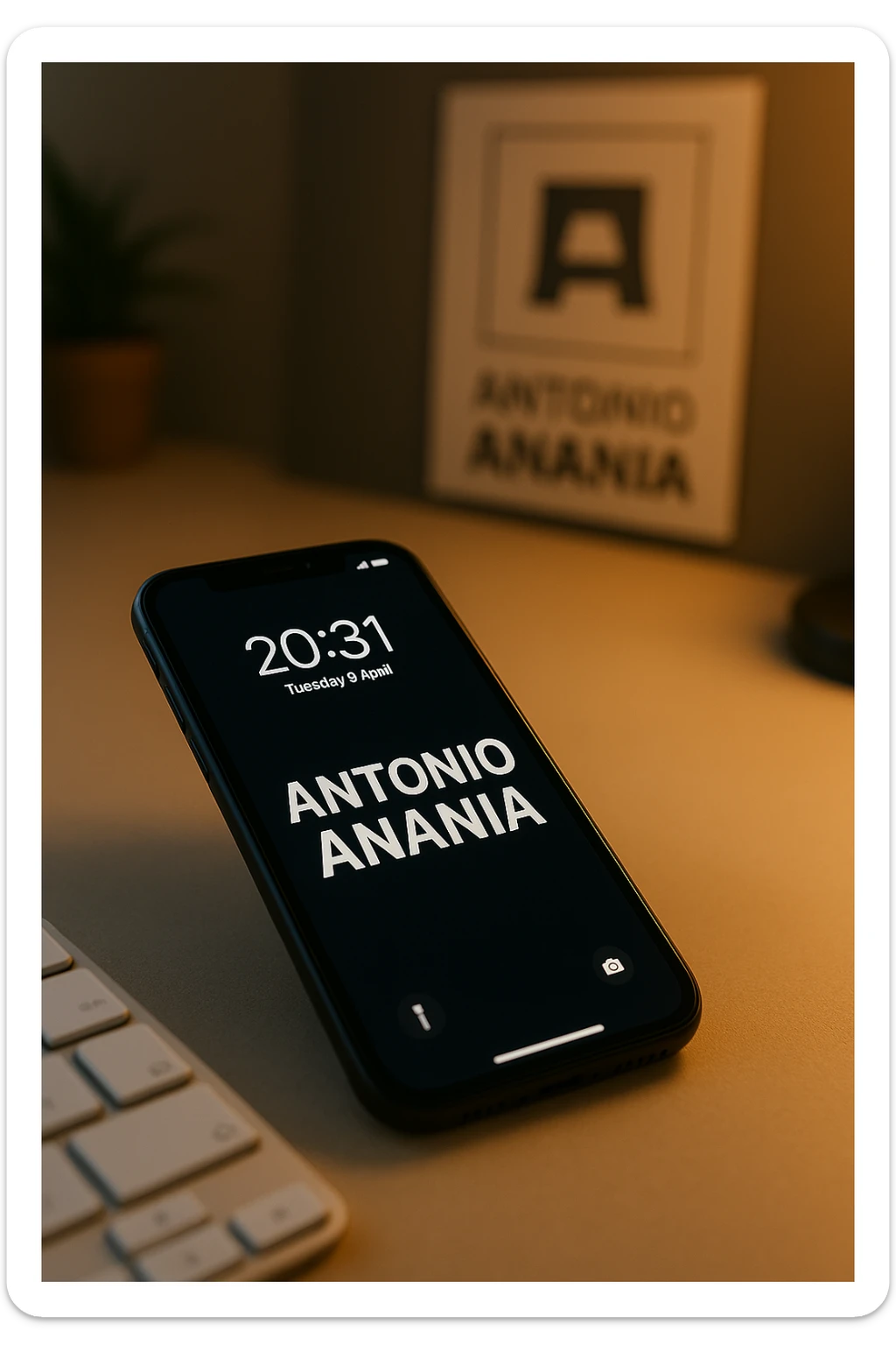 A photo of an iPhone with the message "Antonio Anania" on its screen, The phone sits atop a desk with a blurred background that suggests work environment. A faint glow from above casts gentle shadows across the surface of each object, creating depth and highlighting their textures sticker