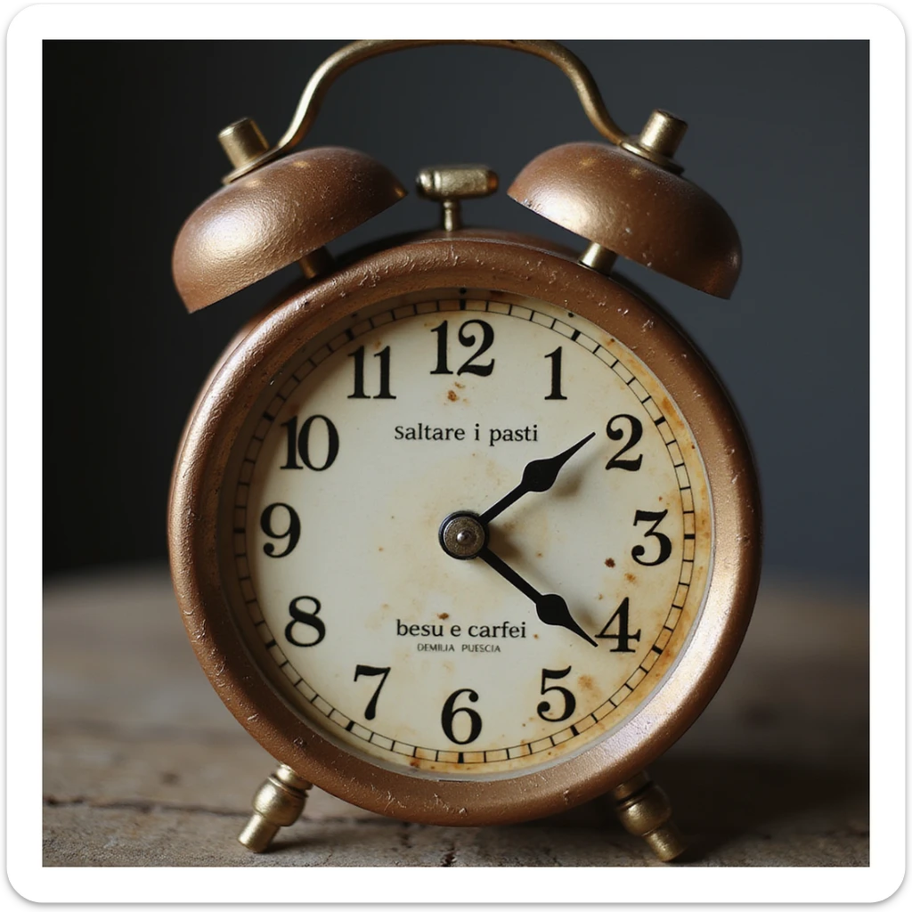 Uomo che salta la colazione e beve solo un caffè, orologio che segna le 11:00, testo in italiano: 'Saltare i pasti'. sticker