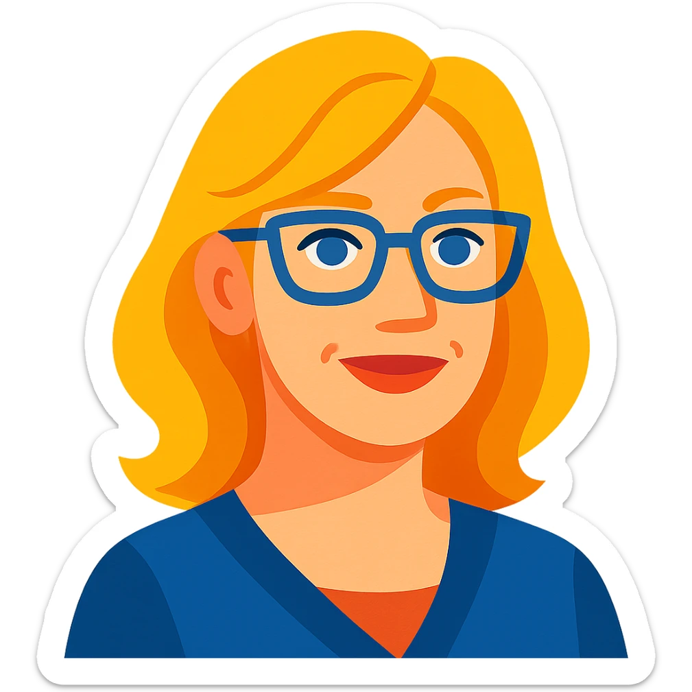 vibrant toon style blonde 40 year old woman with blue eyes and glasses sticker