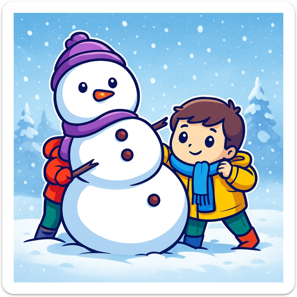 Add a snowy background behind the kids building a snowman, keep the original sticker style sticker