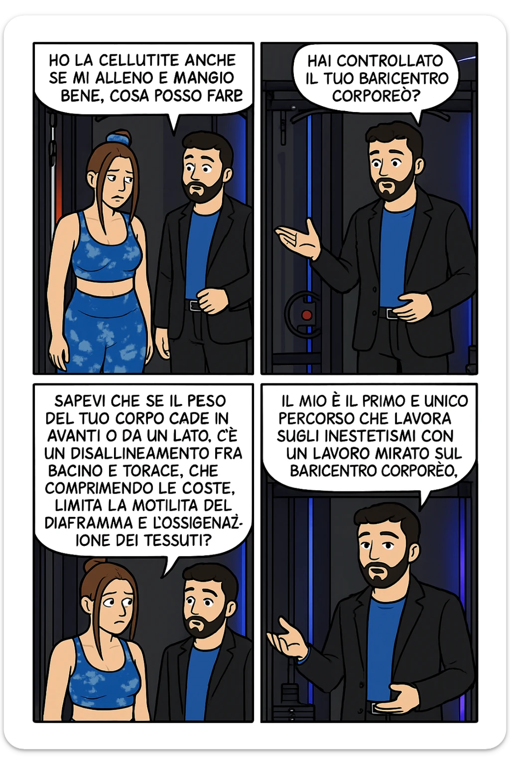 TRASFORMA QUESTO CAROSELLO IN UN FUMETTO CON QUESTE DUE PERSONE IDENTICHE CHE INTERLOQUISCONO TRA LORO:

LEI: Ho la cellulite anche se mi alleno e mangio bene, cosa posso fare?

LUI: Hai controllato il tuo baricentro corporeo?
LUI: Sapevi che se il peso del tuo corpo cade in avanti o da un lato, c’è un disallineamento fra bacino e torace, che comprimendo le coste, limita la motilità del diaframma e l’ossigenazione dei tessuti?
LUI: Il mio è il primo e unico percorso che lavora sugli inestetismi con un lavoro mirato sul baricentro corporeo. sticker