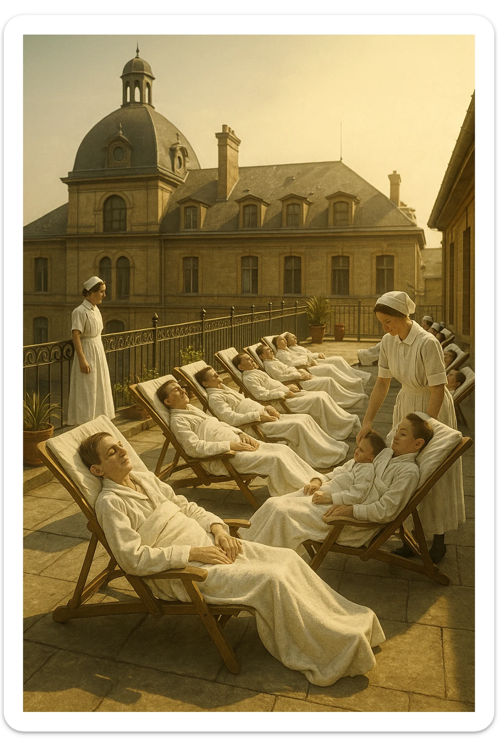 A realistic, historical cinematic illustration of a hospital rooftop solarium from the early 1900s, with patients in white robes and blankets lying on lounge chairs under the sun, receiving heliotherapy. Nurses in classic white uniforms and caps assist quietly, while the warm sunlight bathes the scene. The architecture is vintage, with iron railings, potted plants, and the backdrop of an old European hospital building. The atmosphere is calm and healing, showing patients with tuberculosis, rickets, and malnutrition benefiting from the sun’s rays to stimulate vitamin D production. The color palette is warm, with soft yellows and gentle sunlight, evoking a sense of hope and natural healing, reminiscent of historical black-and-white photographs with subtle colorization for realism sticker