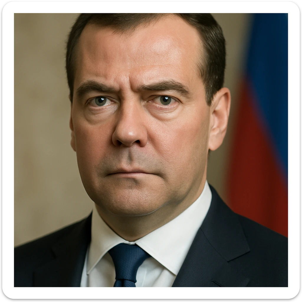 photorealistic, highly detailed portrait of Dmitry Medvedev with a serious expression and realistic facial features, maximum quality sticker