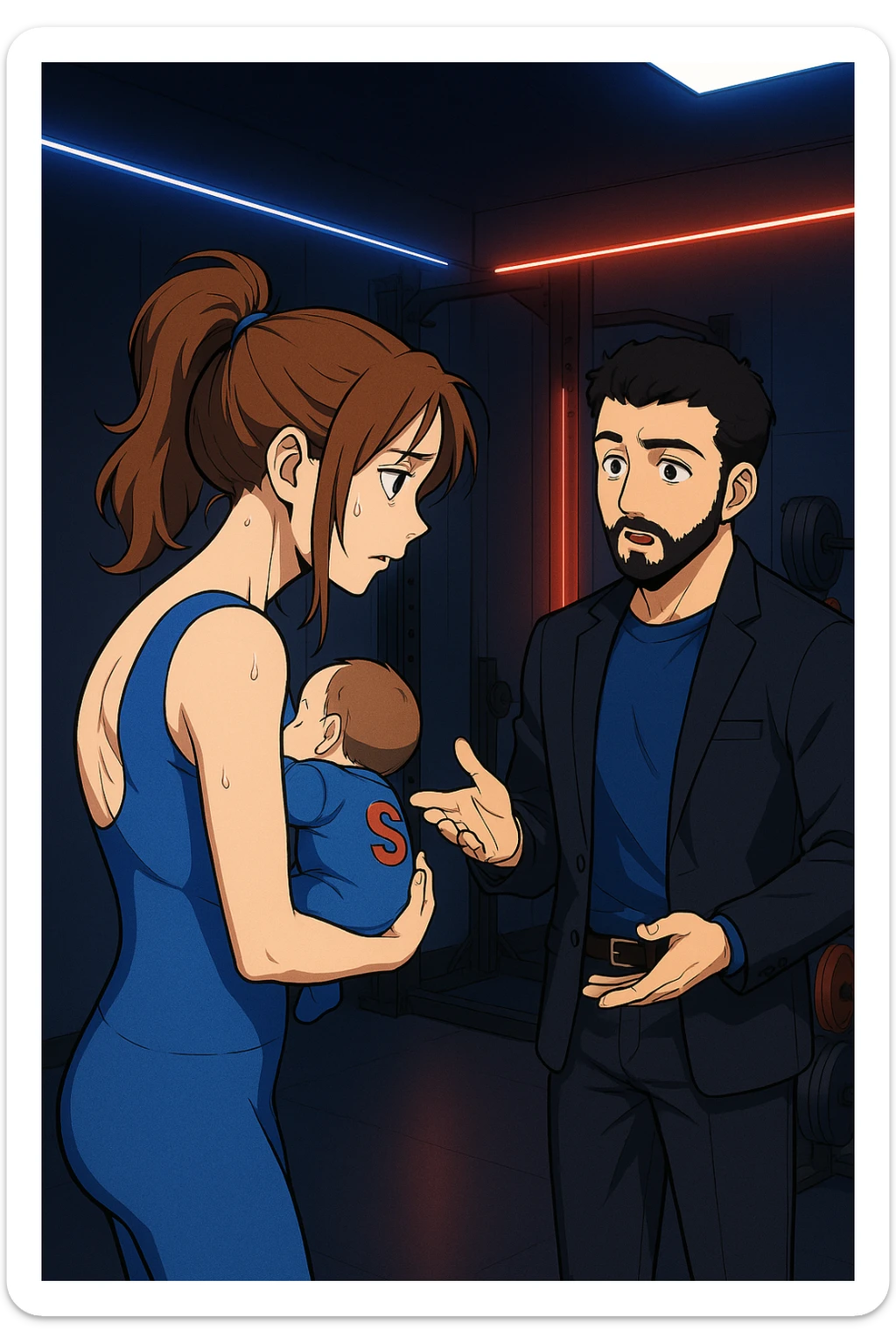 ispirati a questo stile di disegno e fai questa immagine in versione manga/webtoon a colori, il manga mostra la donna preoccupata di profilo con la postura sbagliata e incurvata, spalle chiuse e curve in avanti, con un neonato in braccio con una tutina azzurra e la scritta "S" sulla schiena, spina dorsale storta della donna in evidenza mentre ascolta l'uomo mentre l'uomo gli sta spiegando una cosa, ma non fare i fumetti, fai come se stessero parlando sticker