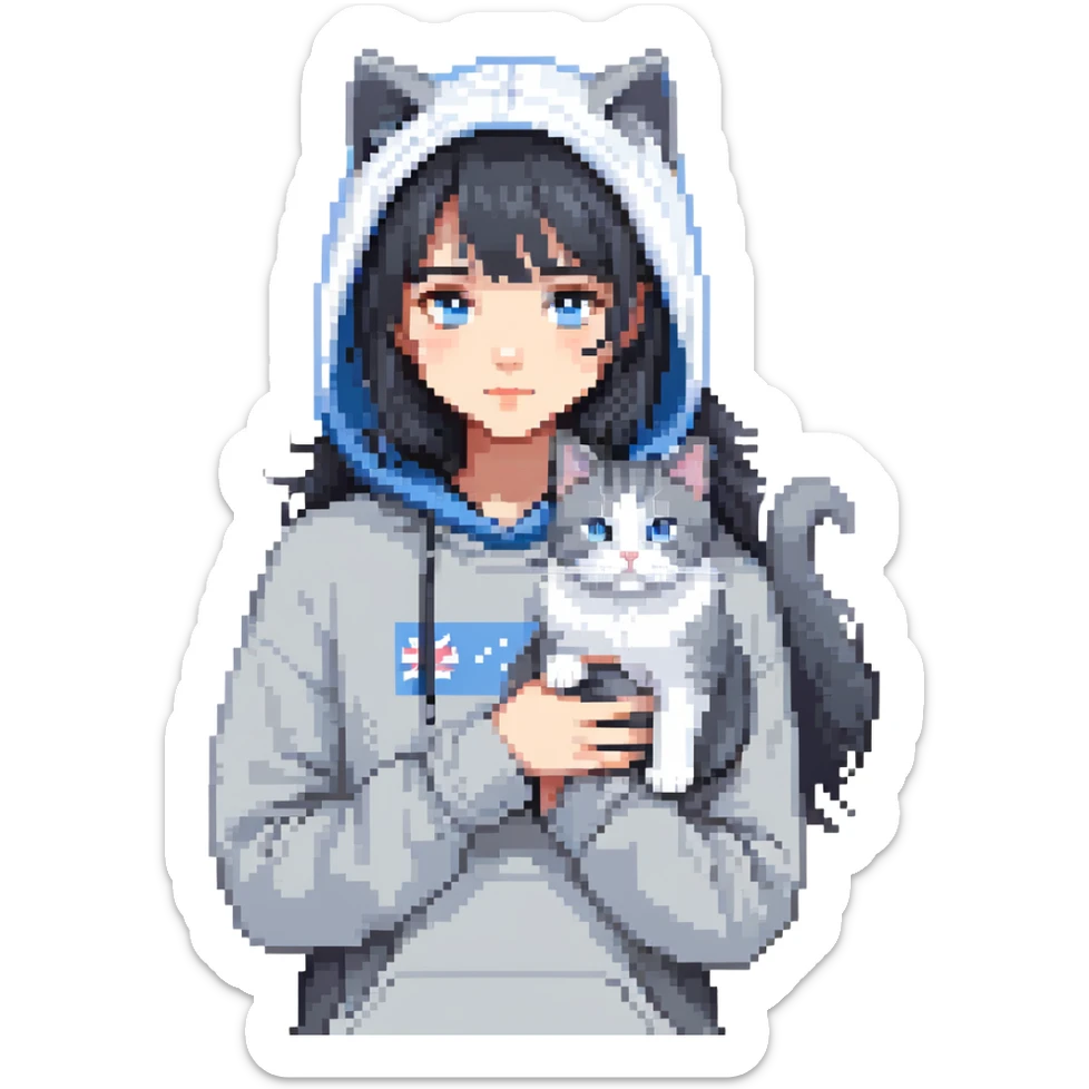 Girl with black hair in gray hoodie with a British shorthair blue and white cat and a long-haired blue and white cat sticker