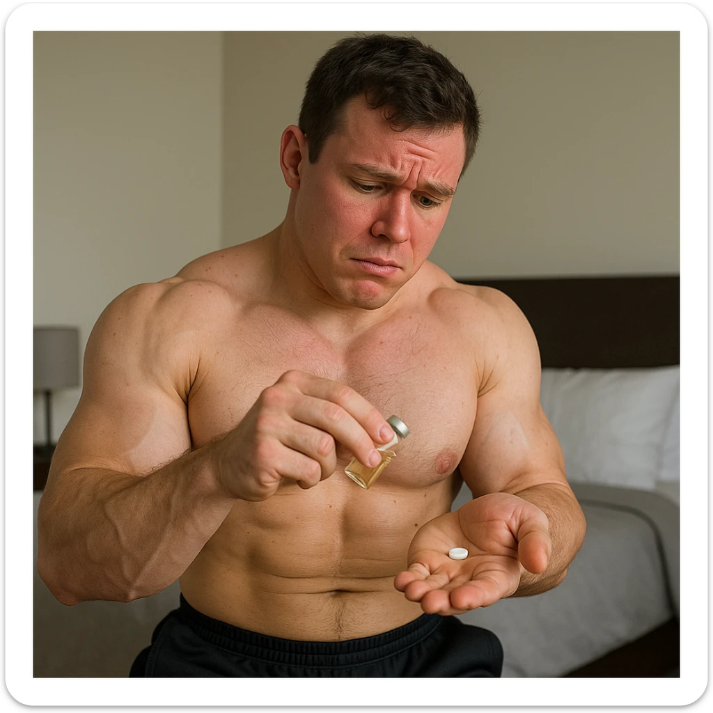 realistic inexperienced bodybuilder pouring vial of testosterone and pill of aromatase inhibitor in hand, uncertain expression, swollen muscles but red face, bedroom background, 4K quality sticker